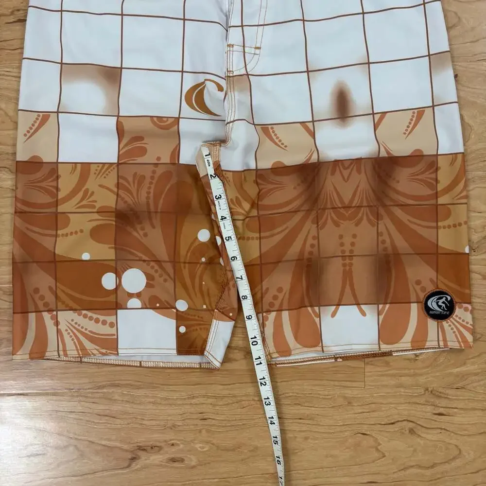 Wave Life Men Fly-Dry Brown White Check Floral Boardshorts Swim Trunks